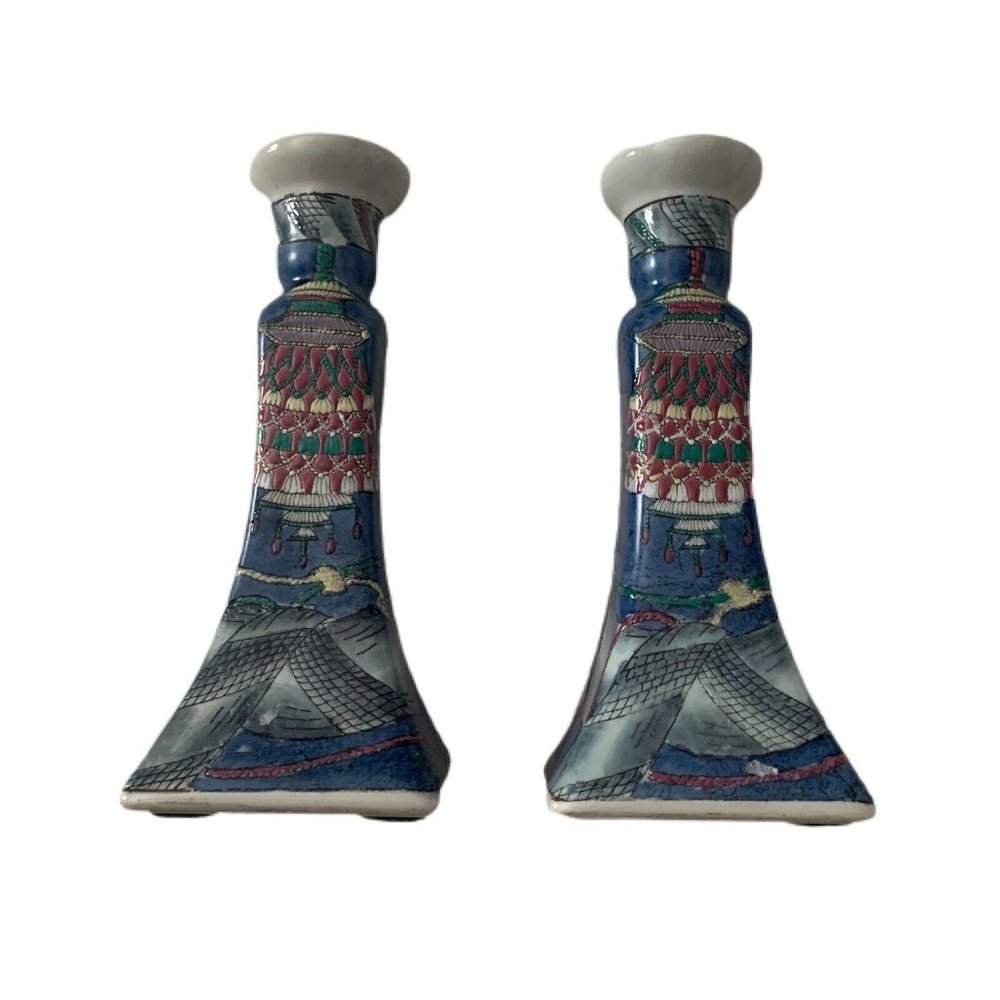 Vintage Ornate Ceramic Chinese Candle Holders Square Bases Chandelier Blue Pink